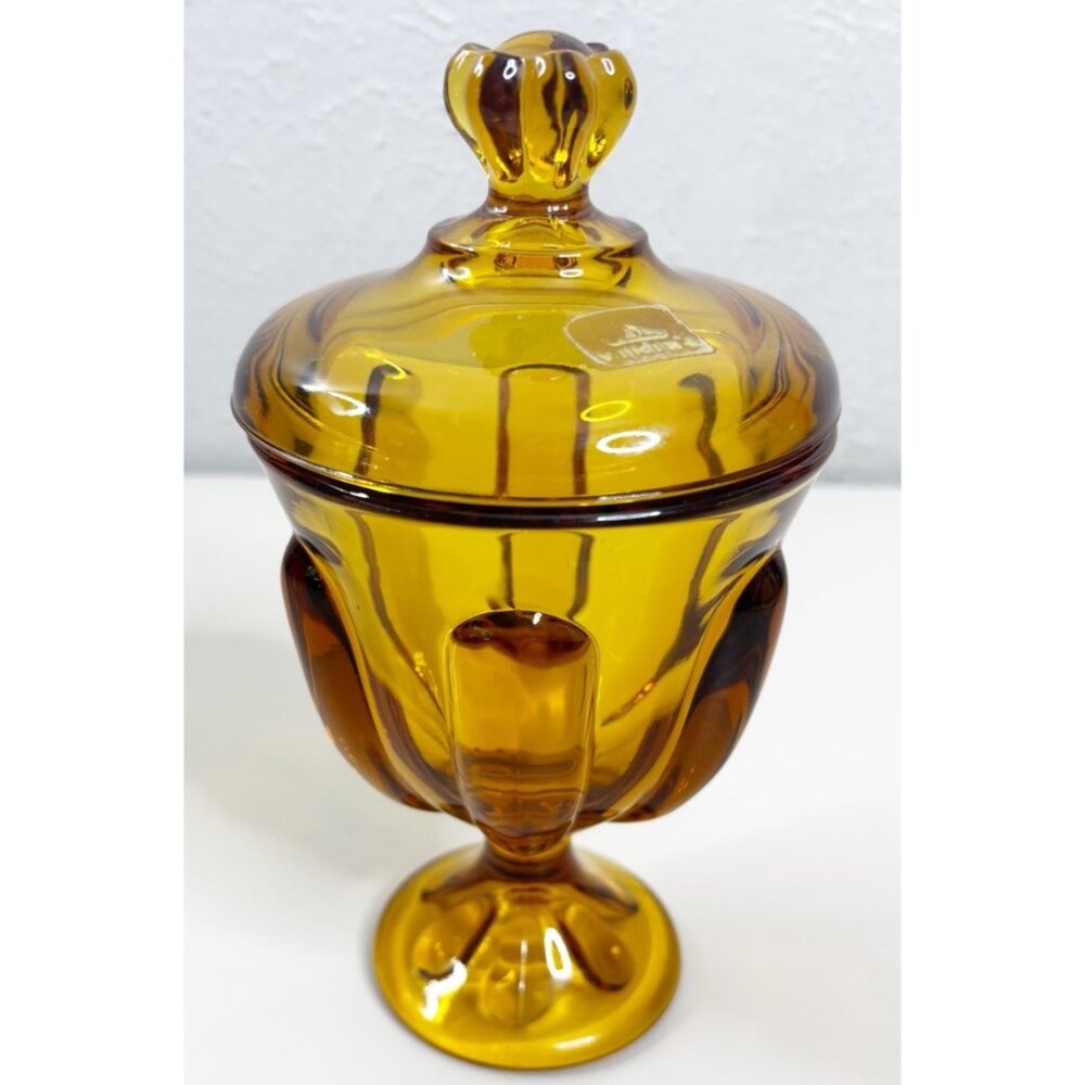 VTG Viking Art Glass MCM Six Petal Amber Covered Candy Dish w/Lid Approx 8" EUC